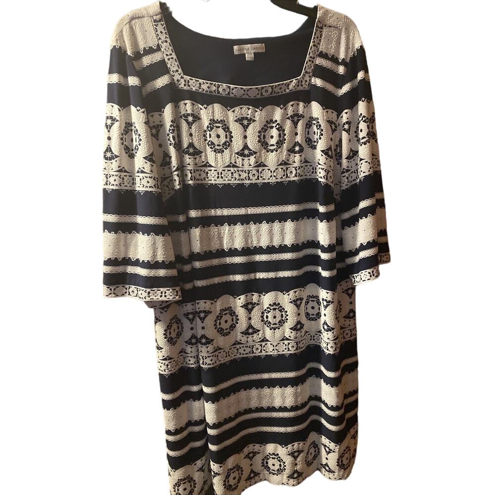 Sandra Darren Womens 14 Blue Geometric Print Boatneck Shift Dress Career